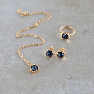 Lapislazuli  Gold Schmuckset, Sechseckigen form Dunkel Blau Lapislazuli Ring, Ohrtecker, Halskette. 