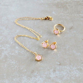 Sechseckigen Form, Rosenquarz Gold, Schmuckset aus Ring Ohrstecker, Halskette