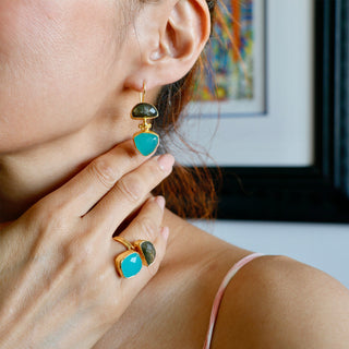 Schmuck Set, Labradorite Chalcedon Gold Ring, Offner Verstellbarer Ring,Geschenk für Ehefrau, Geschenk für Mama, Schwester, Oma, Weihnachtsgeschenk für sie, Geburtsstein Schmuck, Geschenk zum Geburtstag, Geschenk zum Hochzeitstag
